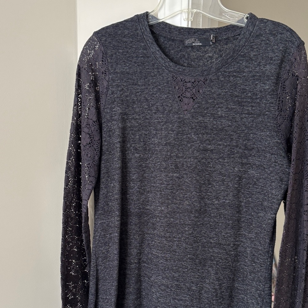 Prana Dark Gray Lace Sleeve Long Sleeve Top